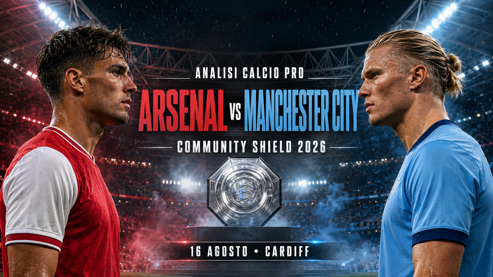 Arsenal, Manchester City, Arsenal Manchester City, Community Shield, Community Shield 2026, analisi partita, probabili formazioni, Mikel Arteta, Enzo Maresca, Principality Stadium, Cardiff, calcio inglese, Premier League, FA Cup, Erling Haaland, Bukayo Saka, quote partita, GoalMatrixAI, finale Community Shield, Analisi Calcio Pro