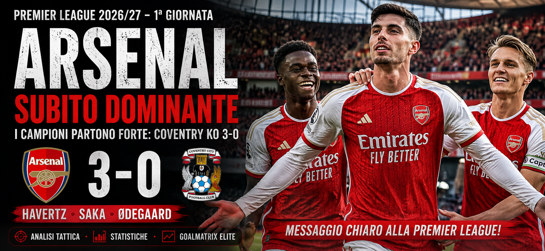 Arsenal subito dominante in Premier League: Coventry battuto 3-0 all’Emirates con Havertz, Saka e Ødegaard protagonisti. Analizzo la prestazione dei campioni d’Inghilterra, le chiavi tattiche della partita e i primi segnali lanciati dalla squadra di Arteta alle rivali per il titolo.