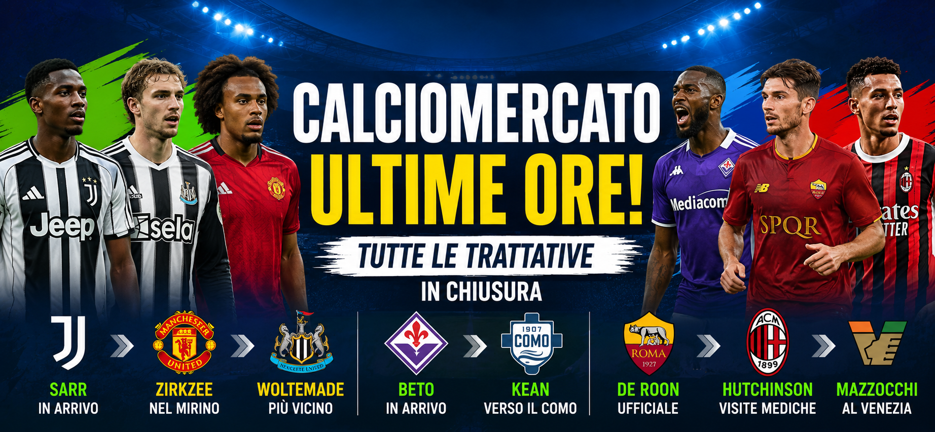 Calciomercato alle battute finali: Juventus chiude Pape Sarr e lavora su Zirkzee e Woltemade, Beto libera Kean verso Como, Roma scatenata con De Roon, Balerdi e Luiz Henrique. Tutte le operazioni in chiusura, gli affari dell'ultima ora e il grande domino prima del gong.