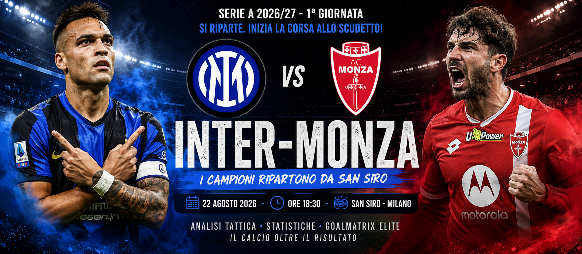 Inter-Monza apre la Serie A 2026/27 a San Siro. I campioni d’Italia iniziano la nuova corsa allo Scudetto contro il Monza neopromosso. Analizzo formazioni, tattica, protagonisti, punti di forza e possibili insidie della sfida che inaugura la nuova stagione del calcio italiano.