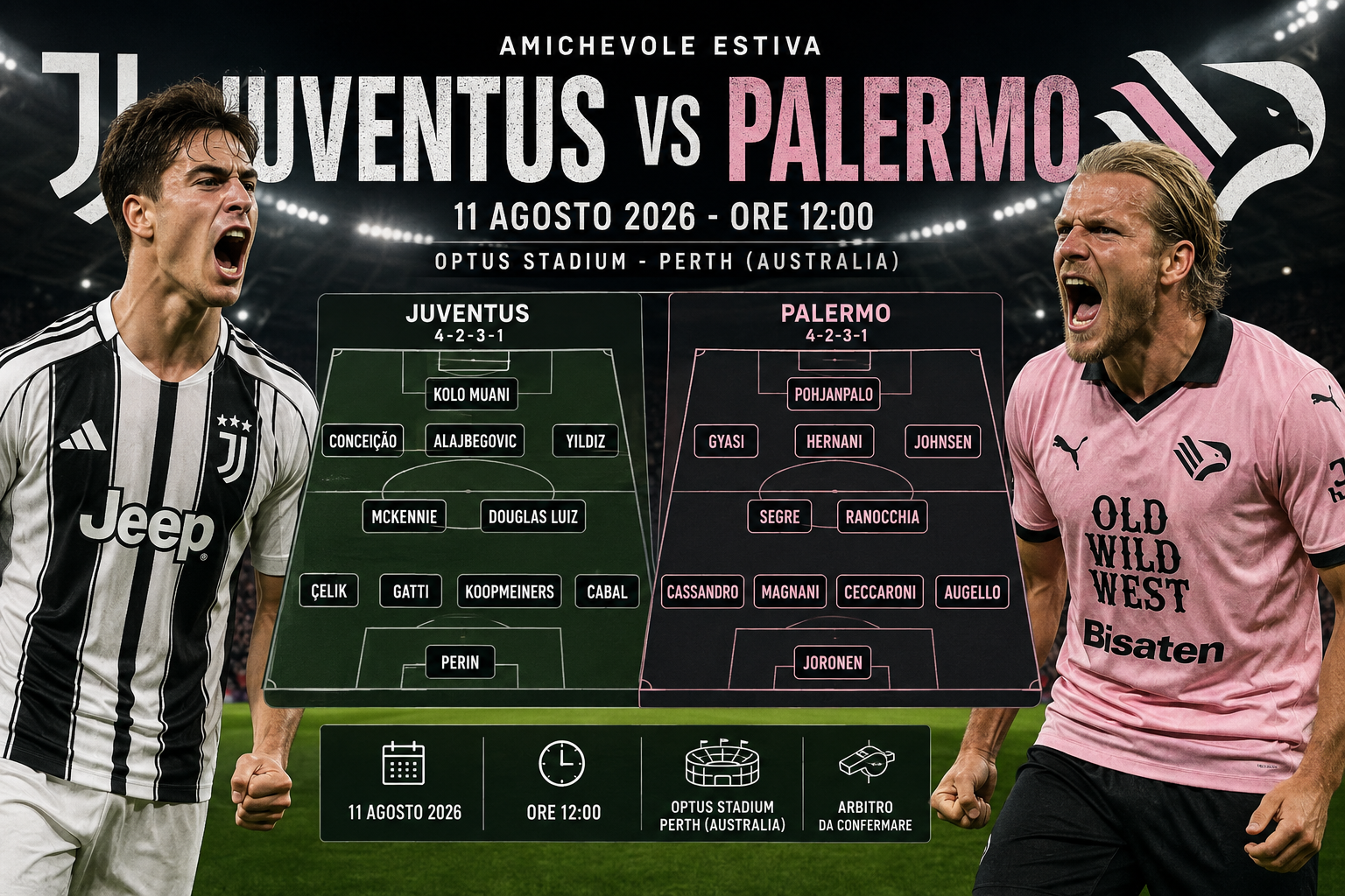 Juventus, Palermo, Juventus Palermo, Amichevole Juventus Palermo, Amichevoli calcio, Calcio italiano, Juventus 2026, Palermo 2026, GoalMatrixAI, Analisi Calcio Pro, Formazioni Juventus Palermo, Probabili formazioni, Juventus amichevole, Palermo amichevole, Optus Stadium, Calcio Perth, Analisi partita, Quote Juventus Palermo, Pronostico Juventus Palermo, Amichevoli estive