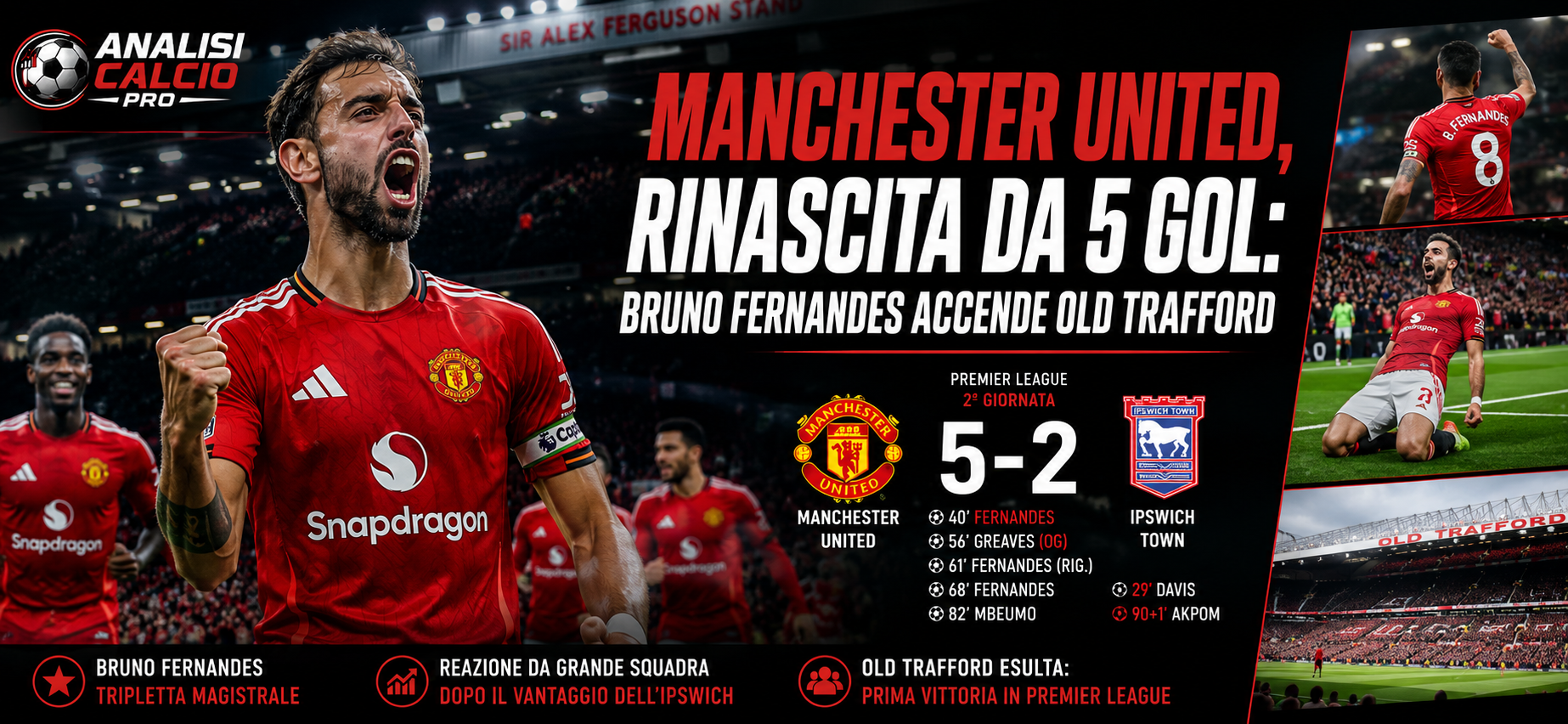 Il Manchester United rinasce a Old Trafford battendo 5-2 l'Ipswich dopo essere passato in svantaggio. Bruno Fernandes domina la partita con una tripletta e un assist, trascinando la squadra di Michael Carrick alla prima vittoria in Premier League. Analisi tattica, gol e protagonisti.