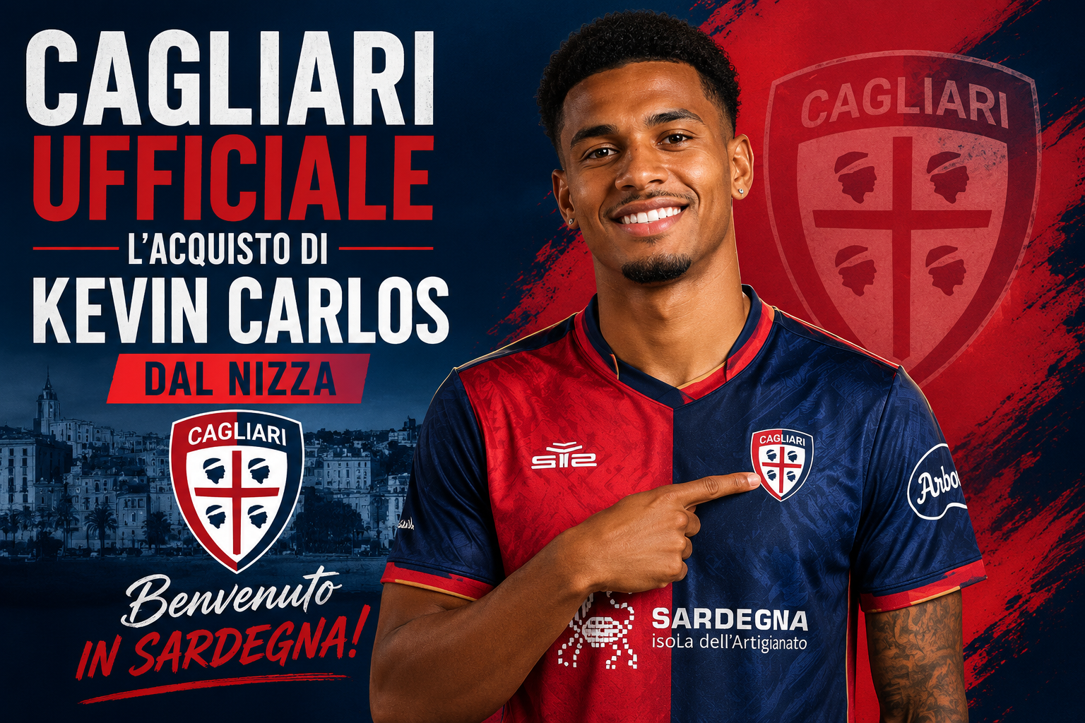 Cagliari, Kevin Carlos, calciomercato, Serie A, Nizza, attaccante, rossoblù, trasferimento, acquisto ufficiale, mercato estivo, calcio italiano, Ligue 1, nuovo acquisto, Fabio Pisacane, Cagliari Calcio, news calcio, rinforzo offensivo, giocatore spagnolo, Sardegna, ufficialità Cagliari