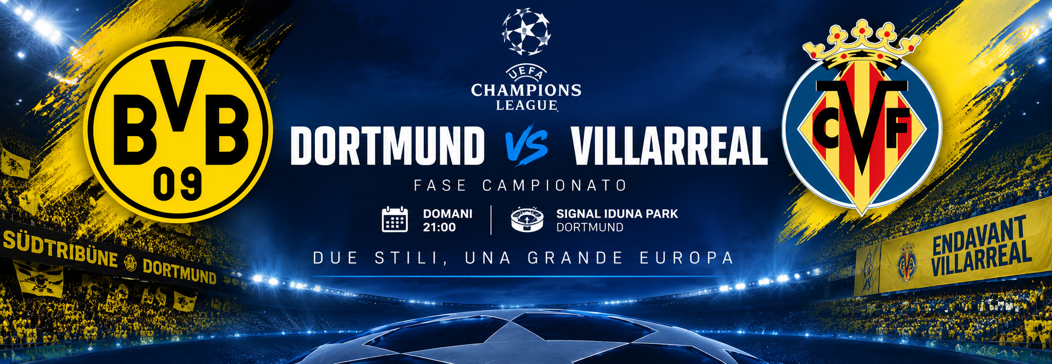 Borussia Dortmund-Villarreal apre la Champions League 2026/27 al Signal Iduna Park. Analizzo la partita da match analyst: probabili formazioni, quote aggiornate, chiavi tattiche, punti deboli e tabella ELITE GoalMatrixAI. Dortmund favorito, ma attenzione alle transizioni offensive del Villarreal.