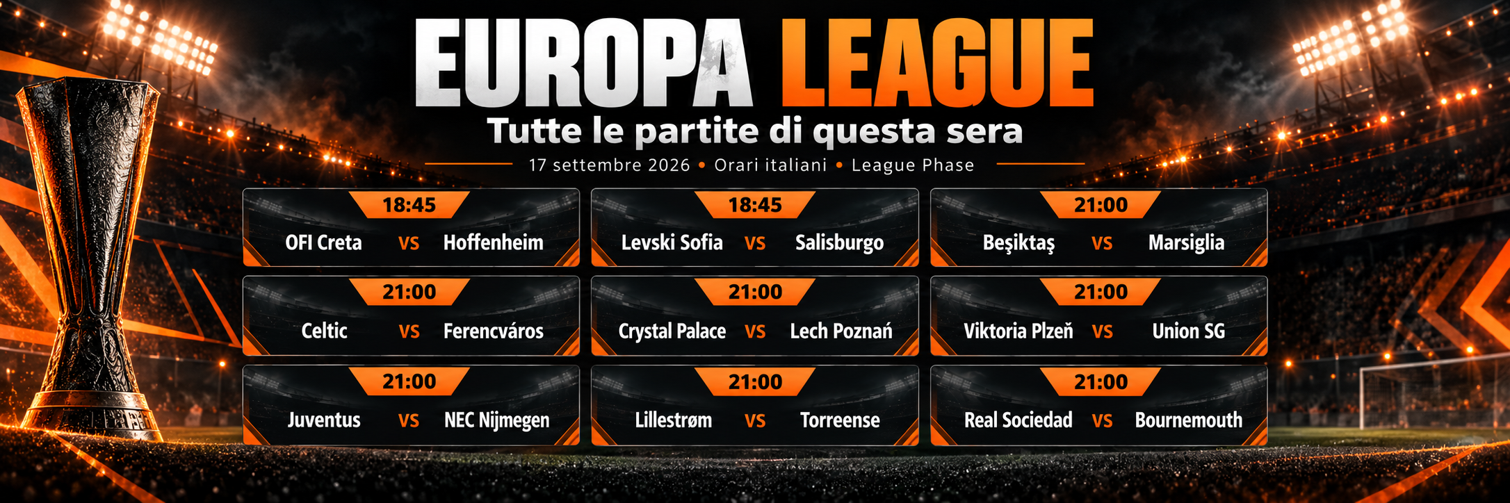 Nove partite accendono la serata di Europa League: Juventus nettamente favorita contro il NEC, Palace e Hoffenheim avanti nei rispettivi incontri, mentre Real Sociedad-Bournemouth e Viktoria Plzeň-Union SG promettono equilibrio. Analizzo programma, quote e temi principali della notte europea.