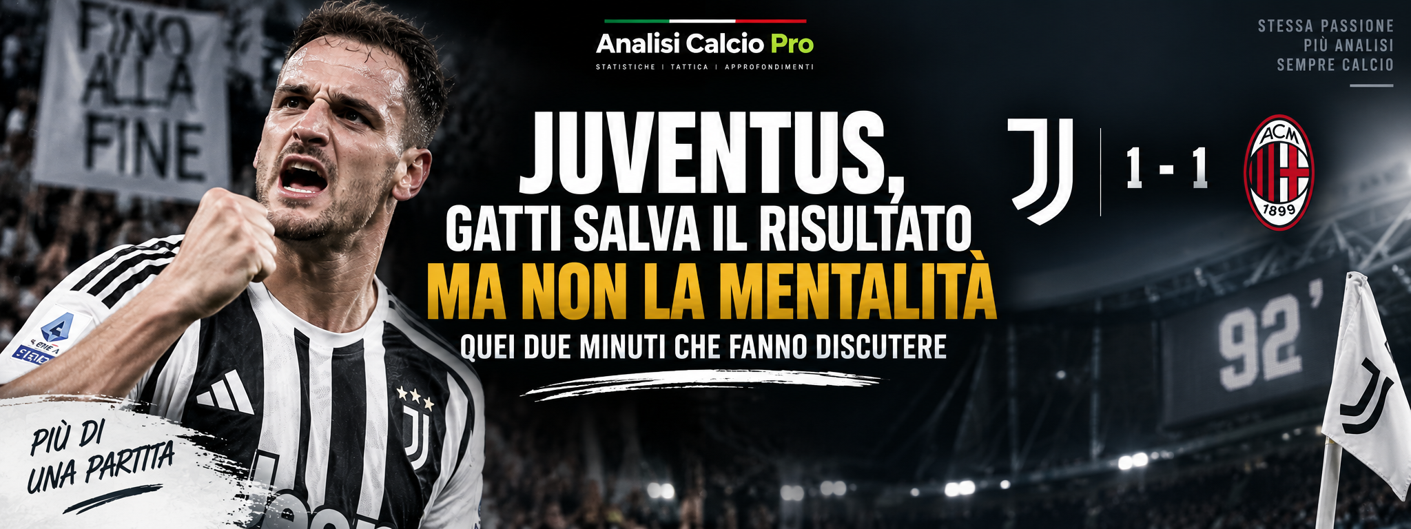 Gatti salva la Juventus contro il Milan al 92', ma l'esultanza accende la discussione: restavano ancora circa due minuti per cercare il 2-1. Da match analyst analizzo la gestione del finale, la mentalità bianconera e le parole dei protagonisti dopo un pareggio che lascia più di una domanda.