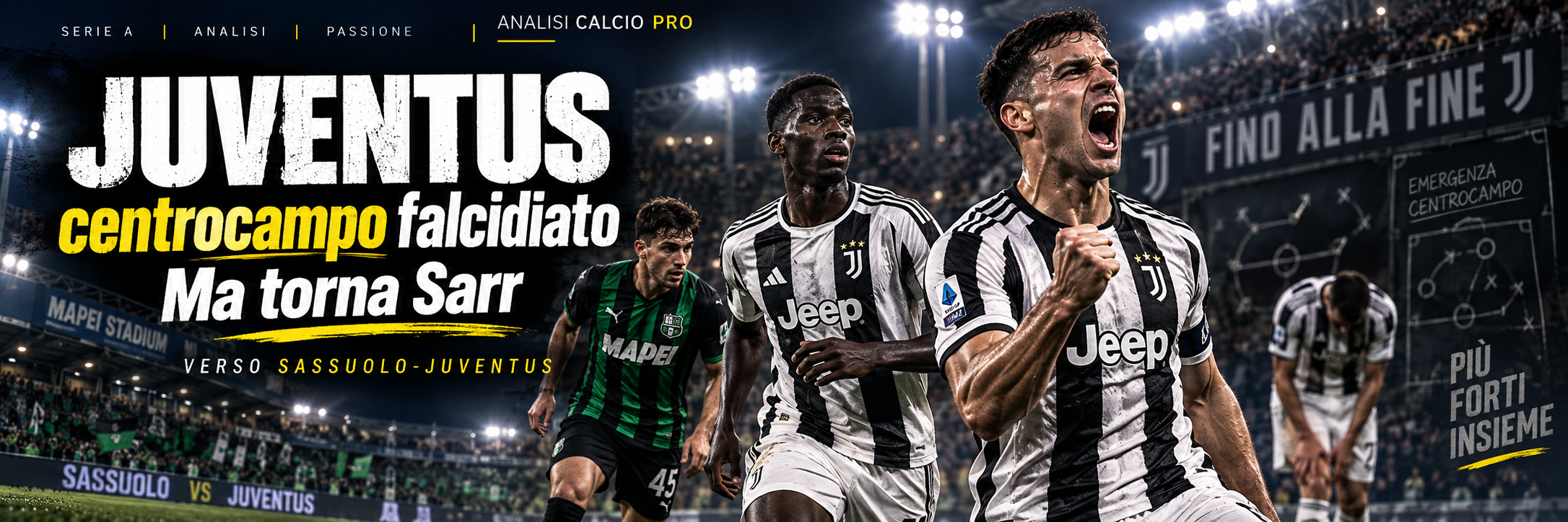 Juventus in emergenza a centrocampo verso Sassuolo: Locatelli e Boga sono fuori, ma Spalletti può ritrovare Pape Matar Sarr. Analizzo la sfida del Mapei Stadium con quote aggiornate, xG, probabili formazioni e valutazioni GoalMatrix ELITE per capire rischi e punti di forza dei bianconeri.
