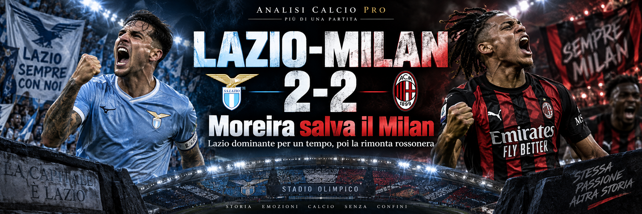 Lazio-Milan termina 2-2 all’Olimpico: biancocelesti dominanti nel primo tempo con Cancellieri e Noslin, poi Diego Moreira entra e firma una doppietta in due minuti. Analizzo tatticamente le scelte di Gattuso, la reazione di Amorim e cosa racconta davvero questo pareggio.