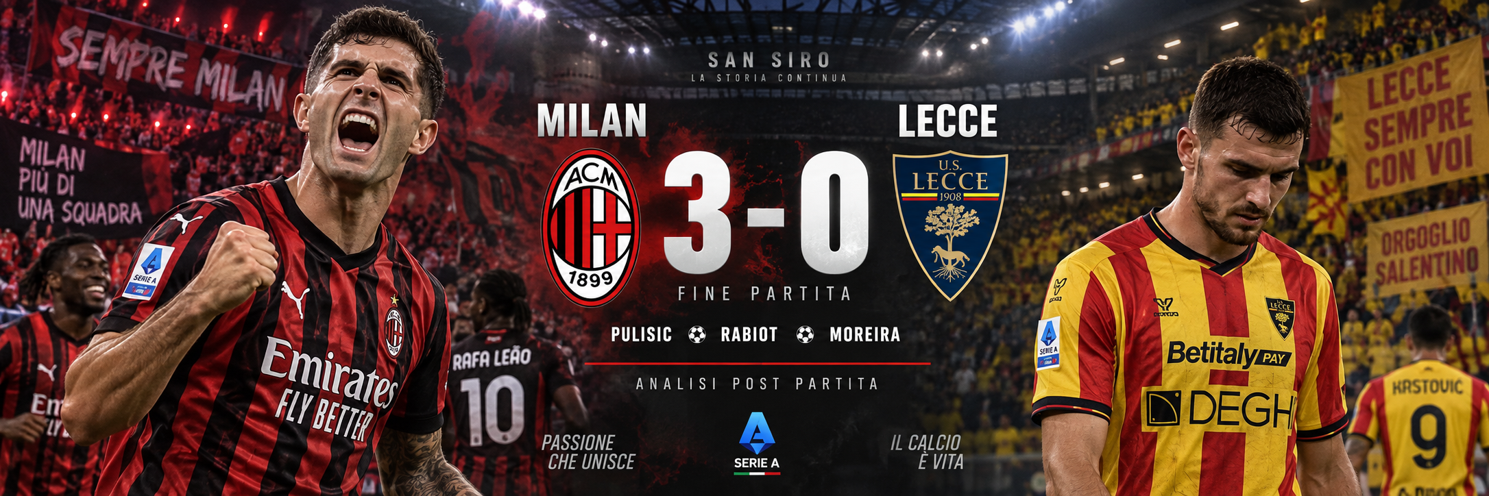 Il Milan travolge il Lecce 3-0 a San Siro e regala una risposta importante ad Amorim. Pulisic apre con una splendida giocata, Rabiot raddoppia e Moreira chiude il match. Analizzo possesso, movimenti, gestione del ritmo e segnali di crescita di un Milan finalmente più solido e concreto.