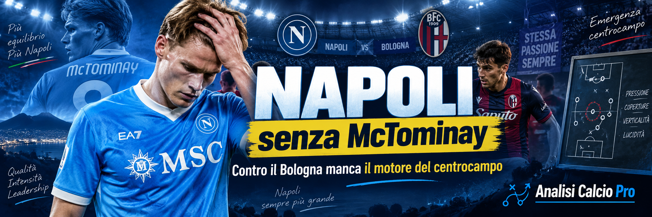 Napoli senza Scott McTominay contro il Bologna: analizzo quanto pesa l’assenza dello scozzese nel centrocampo di Allegri, le possibili soluzioni tattiche, quote pre-gara, probabili formazioni e valutazioni GoalMatrix ELITE di una sfida già importante per il cammino degli azzurri.