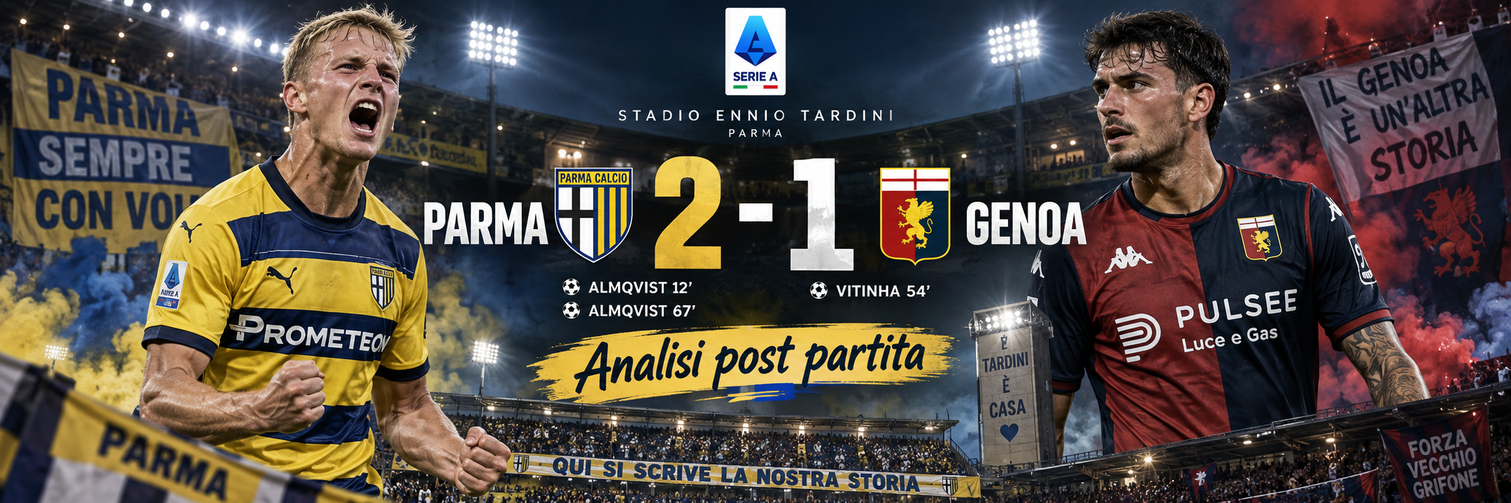 Il Parma batte il Genoa 2-1 e conquista la prima vittoria in campionato. Romero apre, Osmajić pareggia, poi Almqvist decide il match all'80'. Analizzo numeri e chiavi tattiche di una partita che regala ossigeno a Cuesta e mette ancora più pressione sulla panchina di Daniele De Rossi.