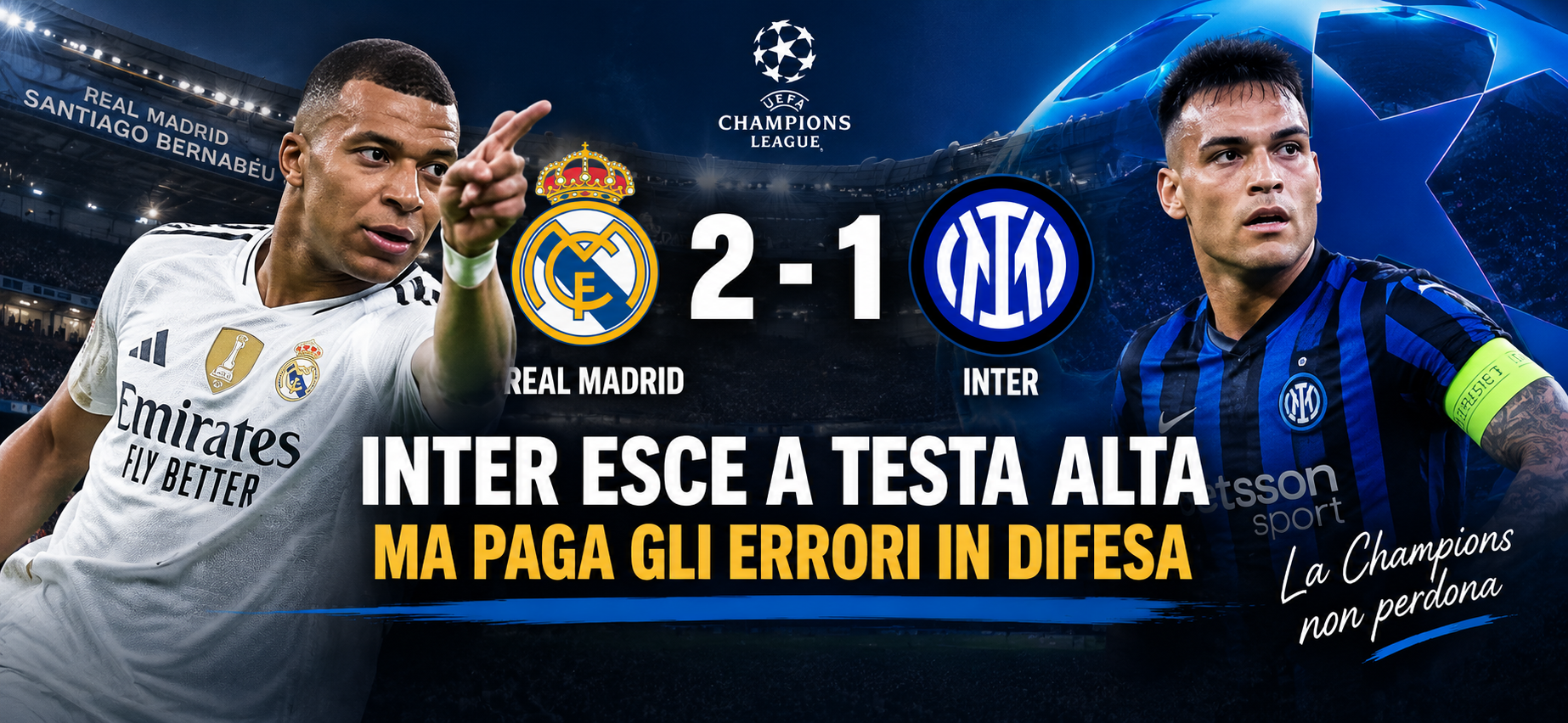 Real Madrid-Inter termina 2-1 al Bernabéu. Analizzo una partita in cui i nerazzurri hanno mostrato personalità e coraggio, pagando però carissimo gli errori difensivi. L'Inter esce sconfitta ma non ridimensionata: contro il Real sono stati i dettagli e il cinismo a decidere la notte di Champions.