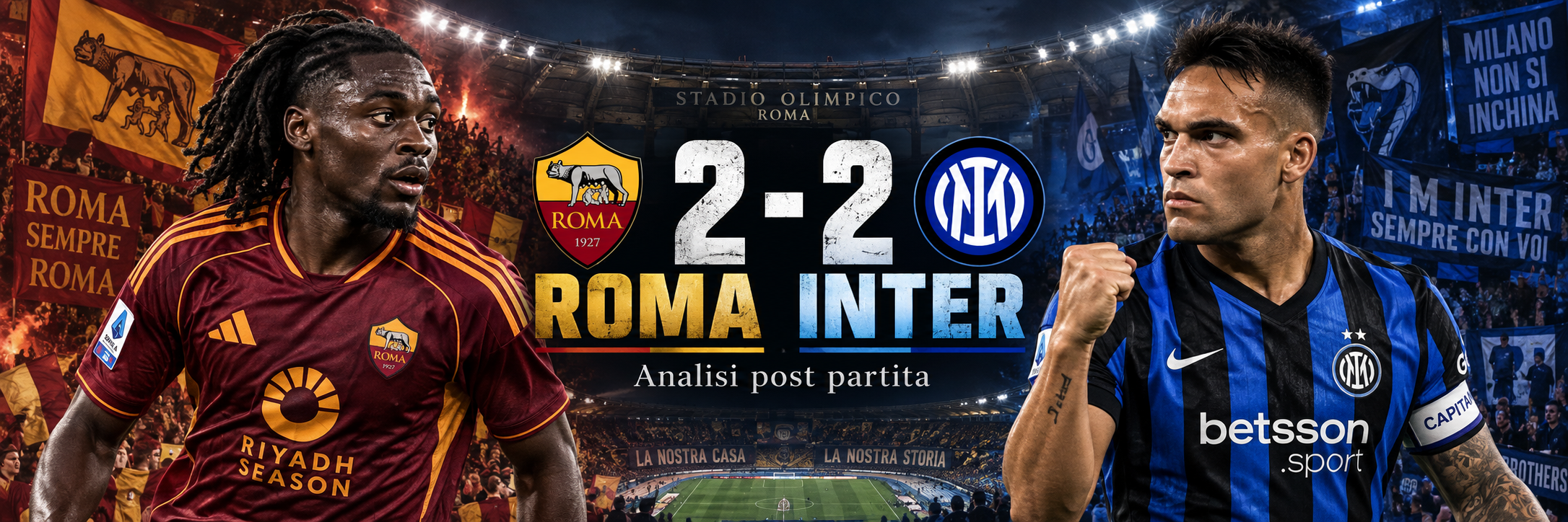 Roma e Inter pareggiano 2-2 all’Olimpico dopo una partita spettacolare e divisa in due. Koné porta la Roma sul 2-0 con una doppietta, Lautaro risponde due volte nella ripresa. Analizzo statistiche, xG, protagonisti e chiavi tattiche del primo vero scontro Scudetto della stagione.