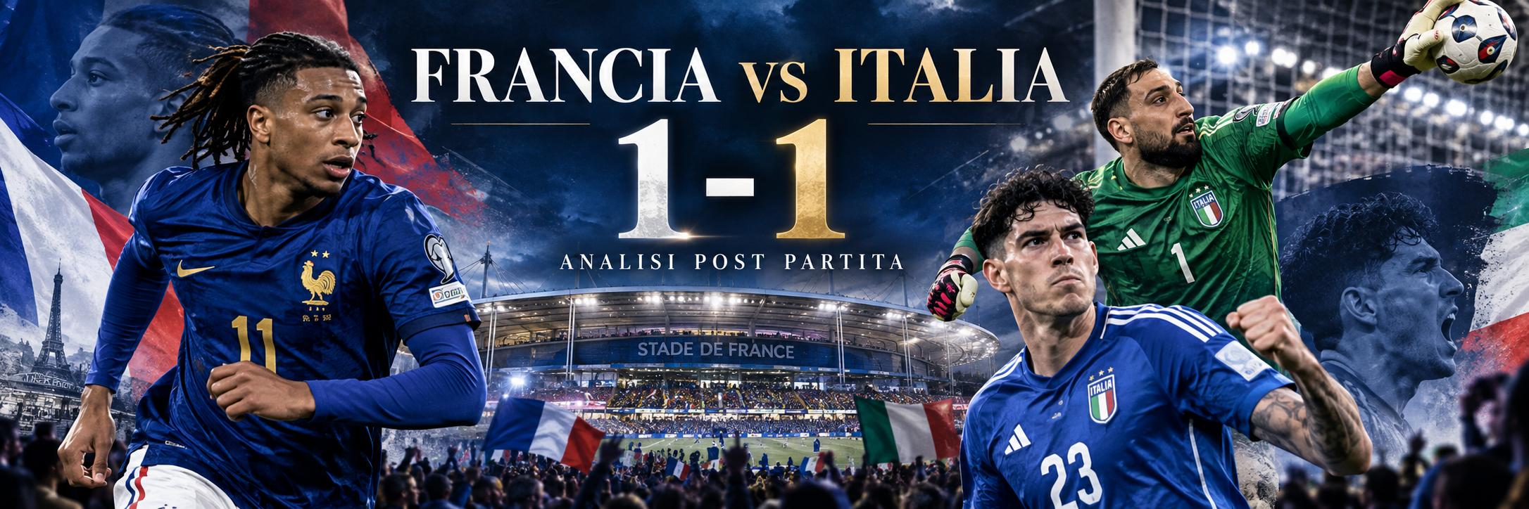 Francia-Italia termina 1-1 allo Stade de France. Olise porta avanti i Bleus con una splendida punizione, Bastoni risponde con personalità. Donnarumma protagonista assoluto, Kean colpisce la traversa e gli Azzurri mostrano carattere contro una delle Nazionali più forti d'Europa.