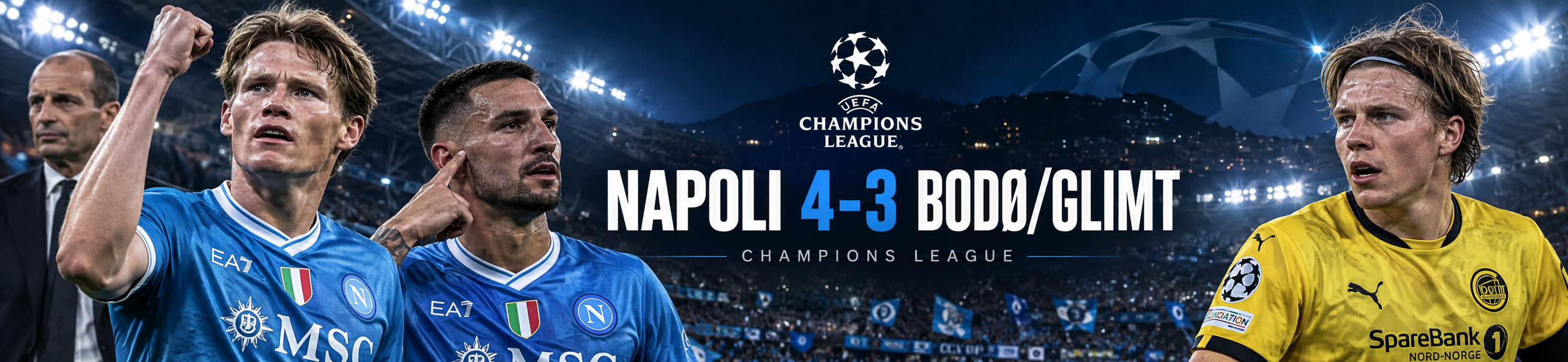 Il Napoli batte il Bodø/Glimt 4-3 in una spettacolare notte di Champions League. McTominay decisivo con una doppietta, Politano protagonista e De Bruyne prezioso nella costruzione. Analisi post-partita, statistiche, expected goals e chiavi tattiche della prima vittoria europea della squadra di Allegri.